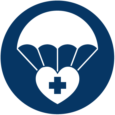 icon showing a first aid cross in a heart, dangling from a parachute