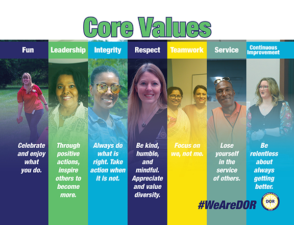 Core Values graphic: fun, leadership, integrity, respect, teamwork, service, and continuous improvement.