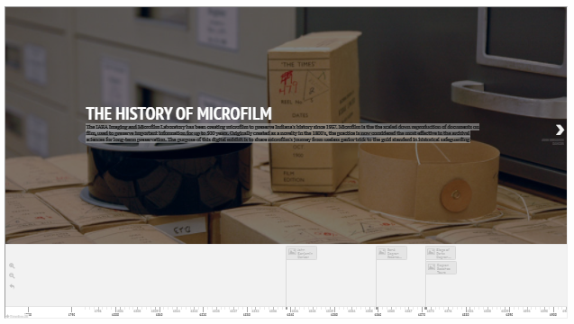 Thumbnail image of slideshow/timeline feature: At the top, an image of boxes and microfilm reels with the text "THE HISTORY OF MICROFILM" followed by text rendered illegible due to the reduced size of the thumbnail. Below that image, a sliding left/right timeline with visible dates extending from 1796 to 1881.